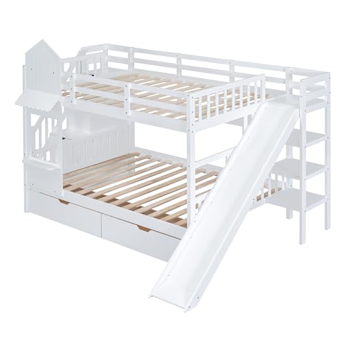Kids Bunk Bed with Stairs and Slide, Twin Over Twin, Gray O540