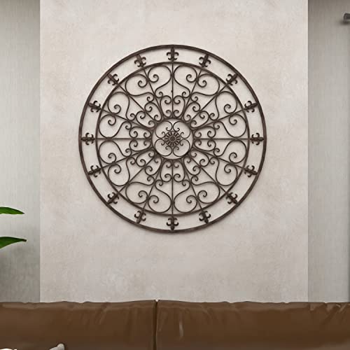 Metal Fleur De Lis Wall Decor Circle Sculpture with Scrollwork, Black W704356