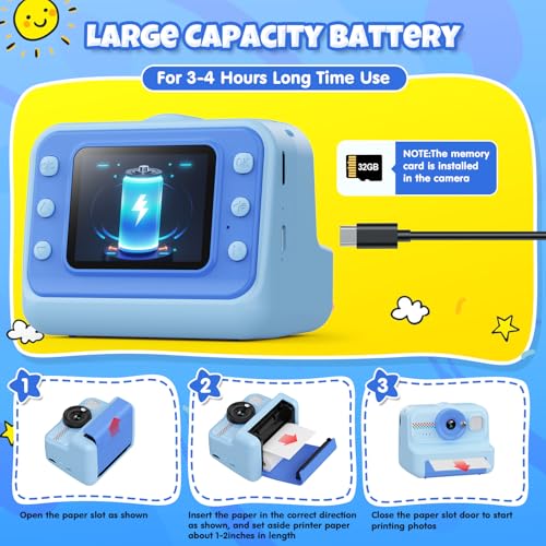 Kids Instant Print Camera 1080P HD with 3 Rolls Paper & 32GB Card U8422