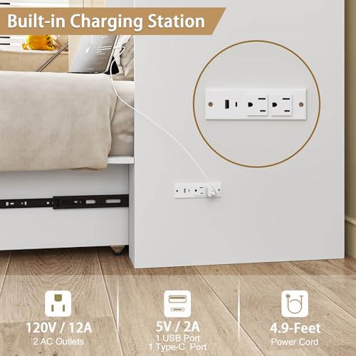 Murphy Bed with Storage & Charging Station, Foldable Panel, Distressed White C449393