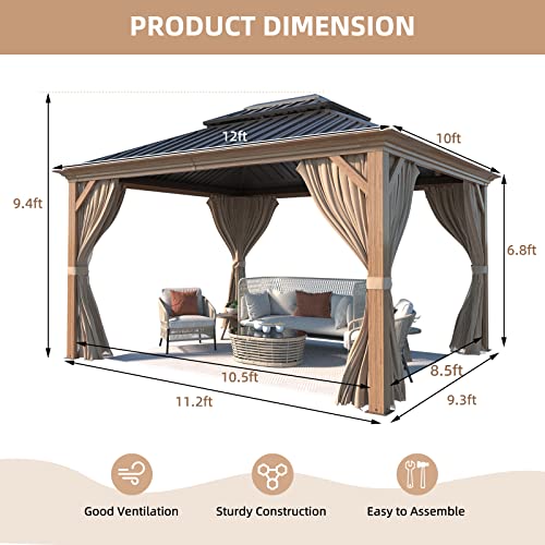 12x16 ft Hardtop Gazebo with Double Roof, Curtains and Netting T94173