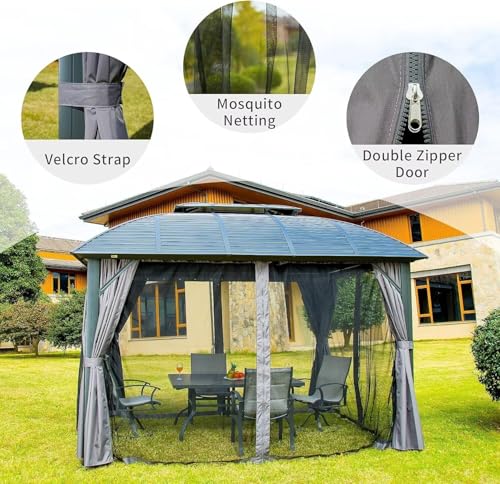 10 x 10 ft Hardtop Gazebo with Netting and Curtains, Galvanized Steel Roof for Patio K80436