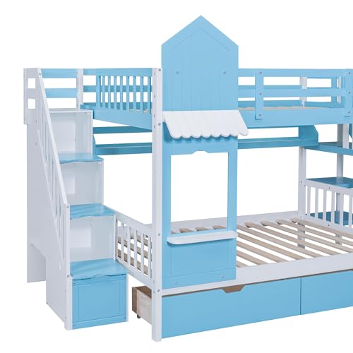 Kids Bunk Bed with Stairs and Slide, Twin Over Twin, Gray O540