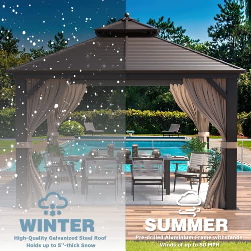 12x16 ft Hardtop Gazebo with Double Roof, Curtains and Netting T94173
