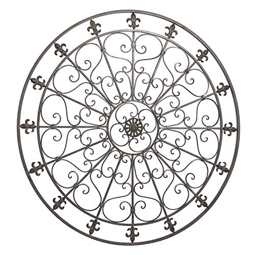 Metal Fleur De Lis Wall Decor Circle Sculpture with Scrollwork, Black W704356