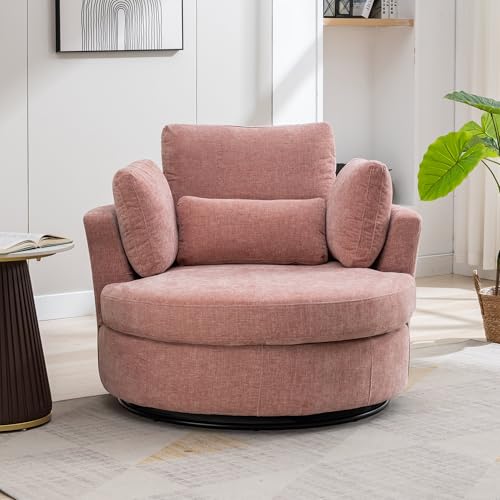Oversized Swivel Barrel Chair with Ottoman, Chenille, Beige M813