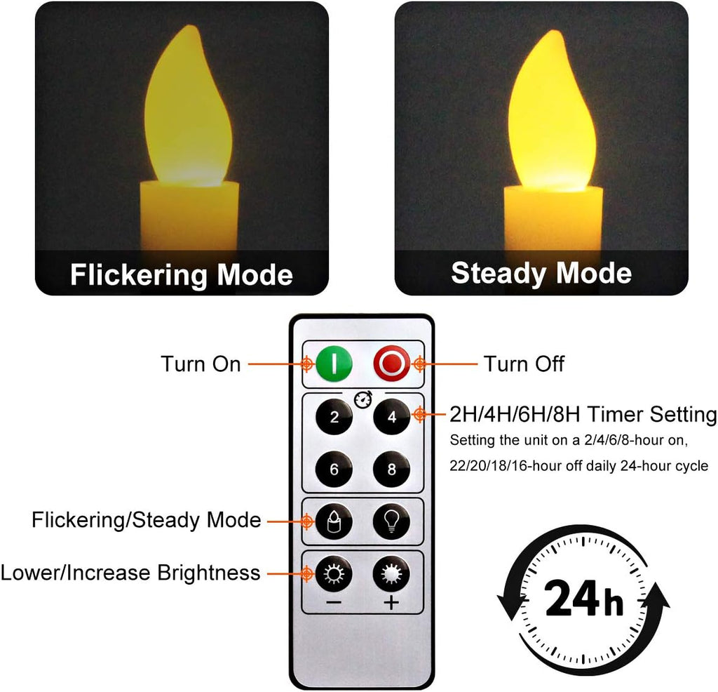 6 Pack Christmas Window Candles with Timer, LED Flameless Taper Lights, Gold Holders & Suction Cups M452