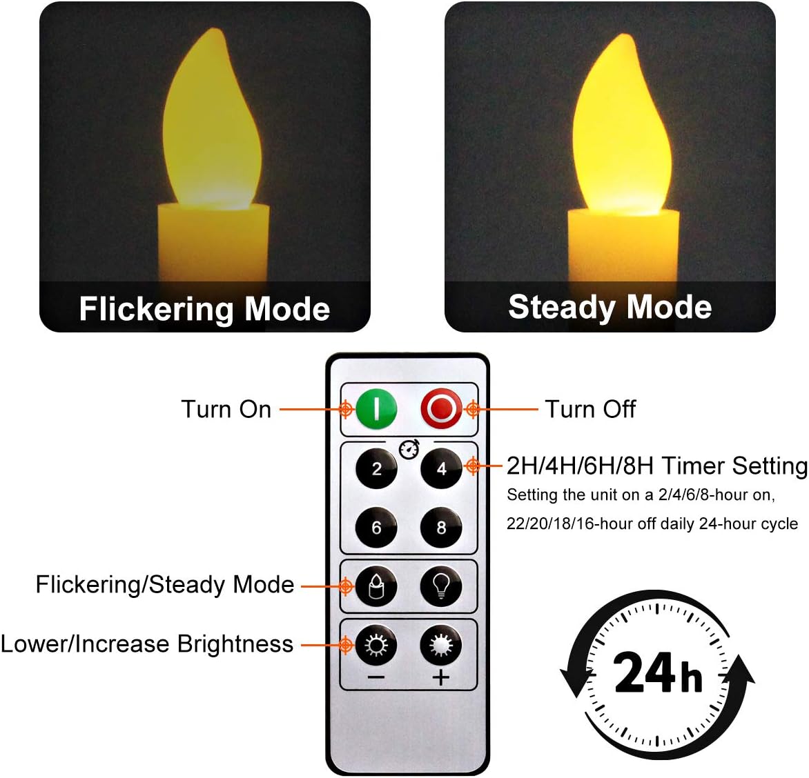 6 Pack Christmas Window Candles with Timer, LED Flameless Taper Lights, Gold Holders & Suction Cups M452