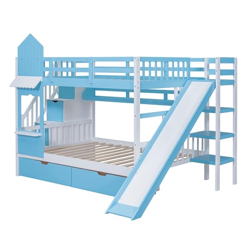 Twin Over Twin Bunk Bed with Stairs and Slide, Solid Wood Frame with Storage B8483
