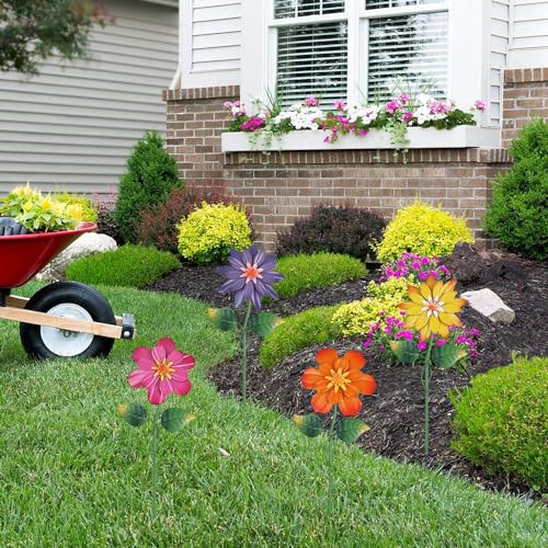 Metal Flower Garden Stakes, 4 Pcs 19" Outdoor Yard Decor with Shaking Heads N631