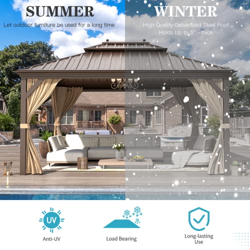 12x20 ft Hardtop Gazebo Double Roof Galvanized Steel Canopy Outdoor Aluminum Frame with Netting and Curtains X191579
