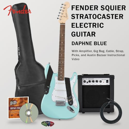 Stratocaster Electric Guitar Bundle with Amplifier, Gig Bag, Strap, Cable, Picks, and DVD F102