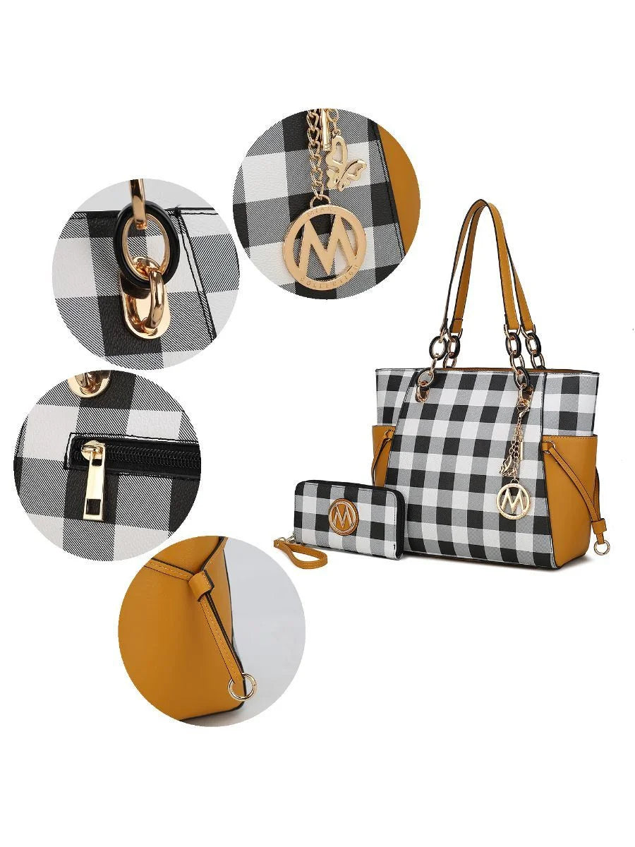 Checkered Tote Handbag with Wallet Z717