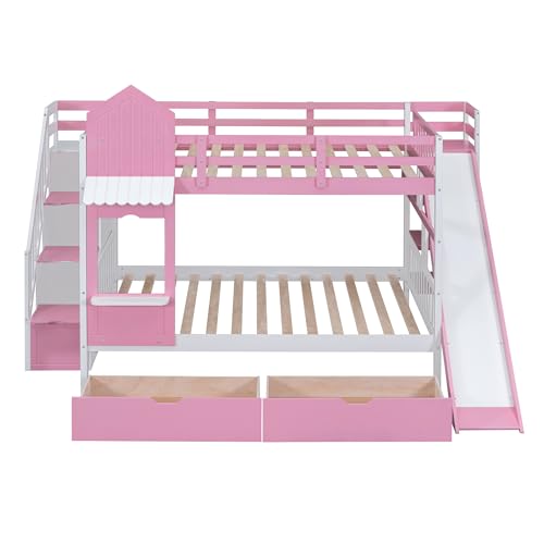 Twin Over Twin Bunk Bed with Stairs and Slide, Solid Wood Frame with Storage B8483