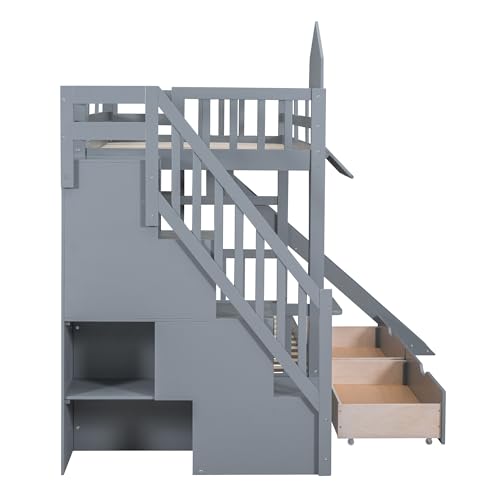 Twin Over Twin Bunk Bed with Stairs and Slide, Solid Wood Frame with Storage B8483