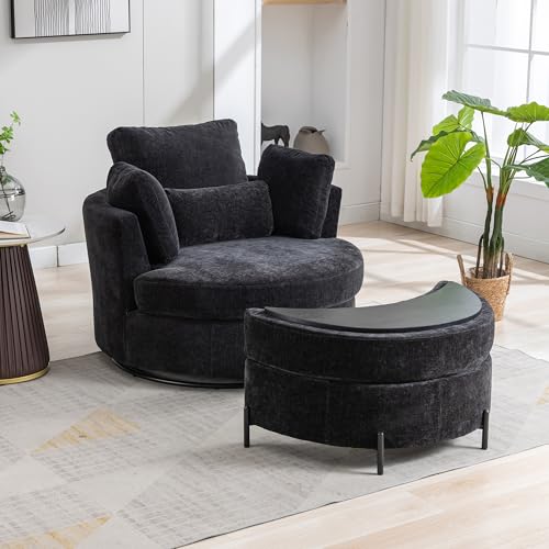 Oversized Swivel Barrel Chair with Ottoman, Chenille, Beige M813