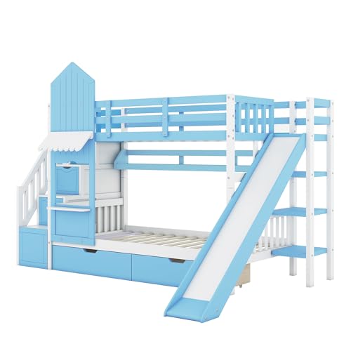 Twin Over Twin Bunk Bed with Stairs and Slide, Solid Wood Frame with Storage B8483