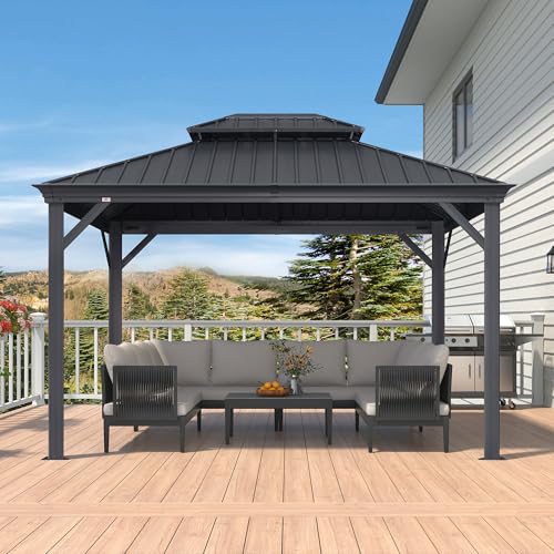 10' x 14' Permanent Hardtop Gazebo with Galvanized Steel Double Roof, Curtains and Netting Included M871