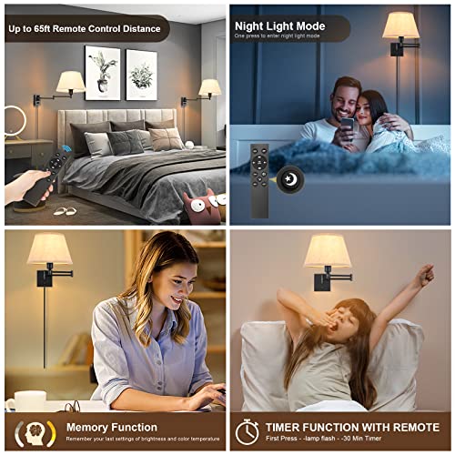Wall Sconces Plug in, Remote Control Dimmable, Swing Arm Wall Lights with Fabric Shade, 2 Pack R441114