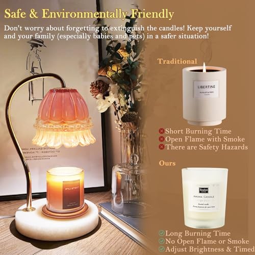 Candle Warmer Lamp with Timer, Dimmable Glass Flower Design, Marble Base, Electric Desk Lamp A686032