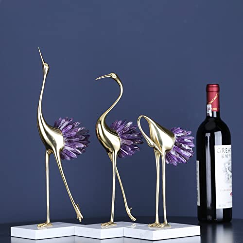Gold Crane Bird Statue with Crystal Tail Accents, Brass Figurine for Home Decor E1797