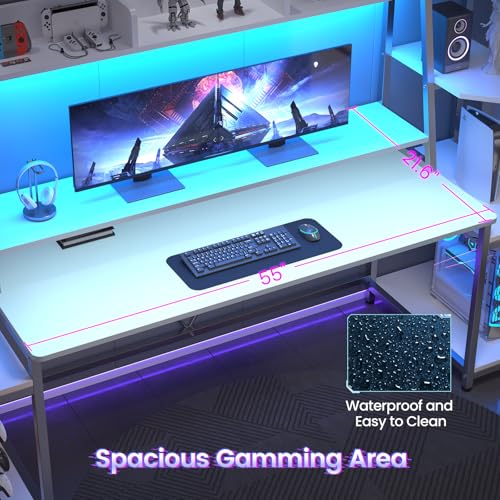 Gaming Desk with LED Lights, Hutch and Storage Shelves, Black O742