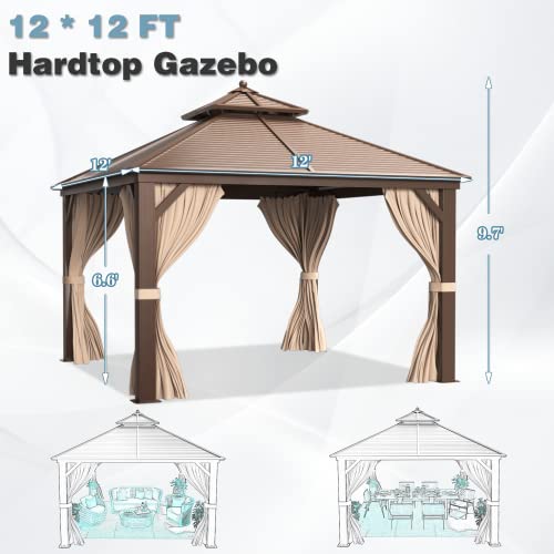 12x16 ft Hardtop Gazebo with Double Roof, Curtains and Netting T94173