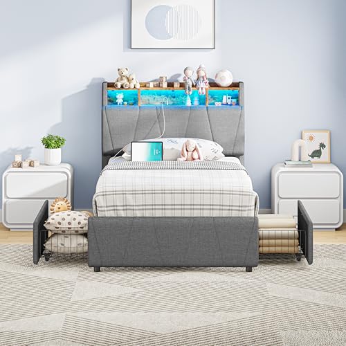 Twin Bed Frame with 2 Storage Drawers, Charging Station and LED Lights, Upholstered Platform Bed with Storage Headboard, No Box Spring Needed M8748