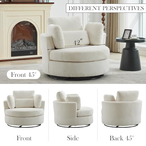 Oversized Swivel Barrel Chair with Ottoman, Chenille, Beige M813