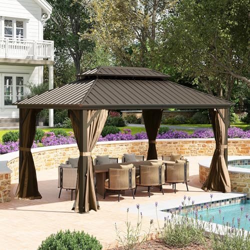 10 x 10 ft Hardtop Gazebo with Netting and Curtains, Galvanized Steel Roof for Patio K80436