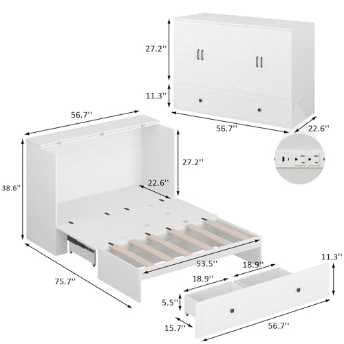 Murphy Bed with Storage & Charging Station, Foldable Panel, Distressed White C449393