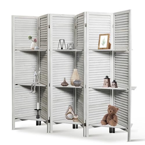 6 Panel Wooden Room Divider with Shelves P850285