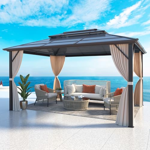 10x13 Hardtop Gazebo with Polycarbonate Double Roof, Aluminum Frame, Curtains and Netting S2701
