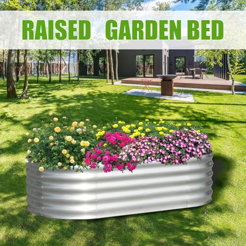 Galvanized Raised Garden Bed, 4x2x1ft Oval Metal Planter Box for Outdoor Plants Vegetables X93266