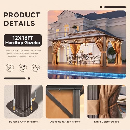 12x16 Hardtop Gazebo with Netting and Curtains for Patio K27275