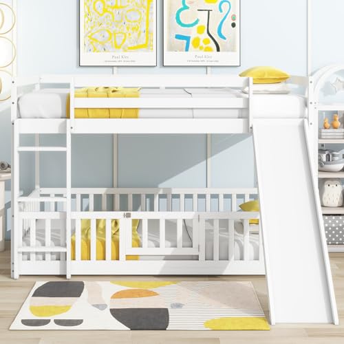 Twin Over Full Size Wooden Bunk Bed with Slide and Storage Stairs N394