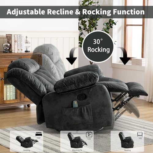 Massage Swivel Rocker Recliner Chair with Heat and Vibration, Grey M1757