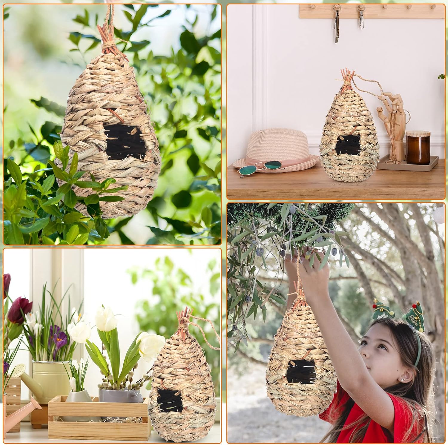 Hummingbird Nest Houses for Outside Hanging, Hand Woven Natural Fiber, 8 Pack N110764