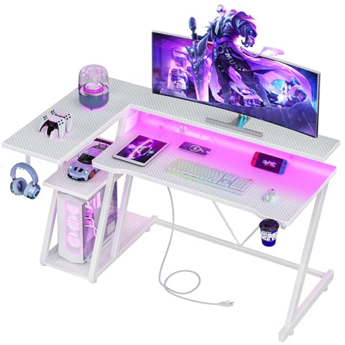 L Shaped Gaming Desk with Power Outlet and LED Lights Y52619
