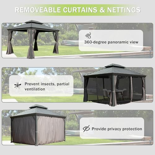 10 x 10 ft Hardtop Gazebo with Netting and Curtains, Galvanized Steel Roof for Patio K80436