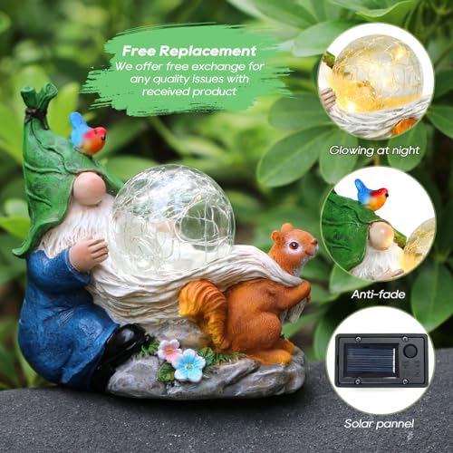 Solar Gnome Statue with Lighted Flower for Outdoor Yard Decor Q91102