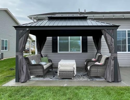 10' x 14' Permanent Hardtop Gazebo with Galvanized Steel Double Roof, Curtains and Netting Included M871
