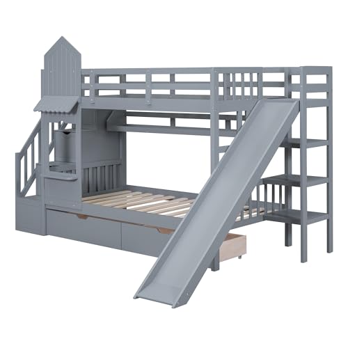 Twin Over Twin Bunk Bed with Stairs and Slide, Solid Wood Frame with Storage B8483