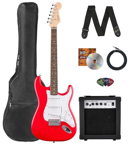 Stratocaster Electric Guitar Bundle with Amplifier, Gig Bag, Strap, Cable, Picks, and DVD F102