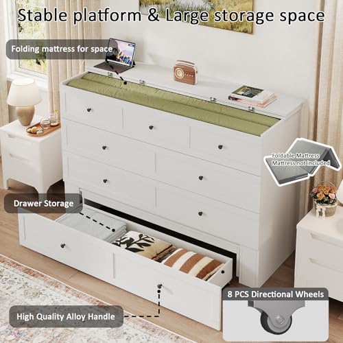 Murphy Bed with Storage & Charging Station, Foldable Panel, Distressed White C449393