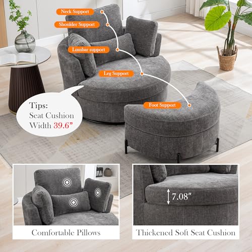 Oversized Swivel Barrel Chair with Ottoman, Chenille, Beige M813