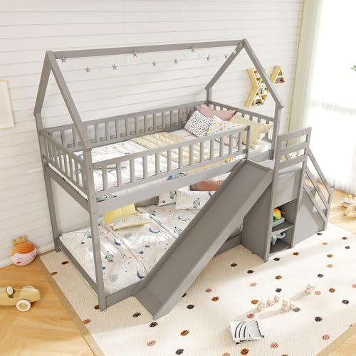 Twin Over Twin Bunk Bed with Slide & Stairs, Wood, White M692