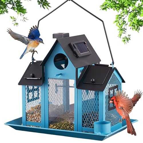 Solar Bird Feeders for Ourside,Bird House Bird Feeder,Hanging Metal Mesh Wild Window Large Finch Cardinal Bird Feeder Nest Houses,Bird Feeder Outdoors and Garden Decoration NW
