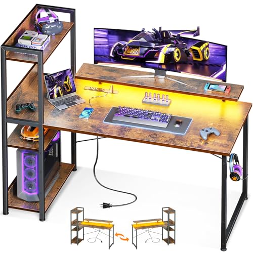 Reversible Gaming Desk with USB Charging Port and LED Lights, 40 Inch Computer Desk with Storage Shelves M571