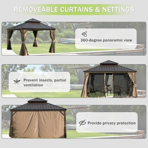10 x 10 ft Hardtop Gazebo with Netting and Curtains, Galvanized Steel Roof for Patio K80436